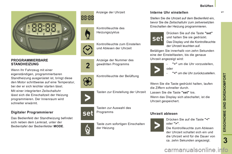 CITROEN JUMPER 2015 Betriebsanleitungen (in German) 1
3
ERGONOMIE UND BORDKOMFORT
Belüften
Interne Uhr einstellen
Stellen Sie die Uhrzeit auf dem Bedienfeld ein,
bevor Sie die Zeitschaltuhr zum zeitversetzten
Einschalten der Heizung prog CITROEN JUMPER 2015 Betriebsanleitungen (in German) 1
3
ERGONOMIE UND BORDKOMFORT
Belüften
Interne Uhr einstellen
Stellen Sie die Uhrzeit auf dem Bedienfeld ein,
bevor Sie die Zeitschaltuhr zum zeitversetzten
Einschalten der Heizung prog