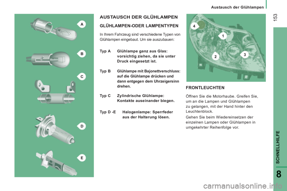 CITROEN JUMPER 2014 Betriebsanleitungen (in German) 153
SCHNELLHILFE
8
Austausch der Glühlampen
GLÜHLAMPEN-ODER LAMPENTYPEN
In Ihrem Fahrzeug sind verschiedene Typen von
Glühlampen eingebaut. Um sie auszubauen:
AUSTAUSCH DER GLÜHLAM CITROEN JUMPER 2014 Betriebsanleitungen (in German) 153
SCHNELLHILFE
8
Austausch der Glühlampen
GLÜHLAMPEN-ODER LAMPENTYPEN
In Ihrem Fahrzeug sind verschiedene Typen von
Glühlampen eingebaut. Um sie auszubauen:
AUSTAUSCH DER GLÜHLAM