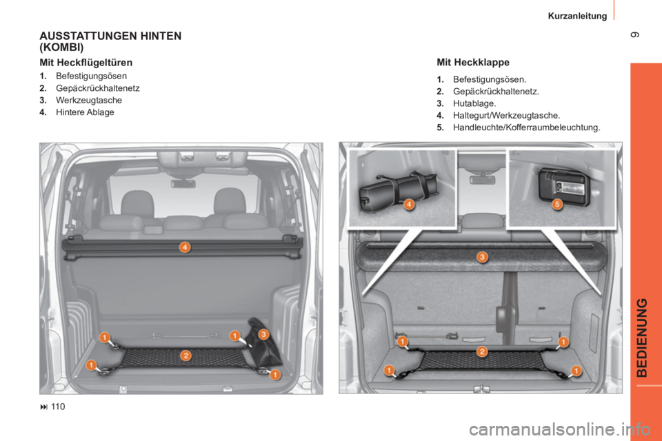 CITROEN NEMO 2013  Betriebsanleitungen (in German)  9
BEDIENUNG
 
Kurzanleitung 
 
AUSSTATTUNGEN HINTEN 
(KOMBI) 
   
 
� 
 110  
 
 
Mit Heckflügeltüren  
 
 
 
1. 
 Befestigungsösen 
   
2. 
 Gepäckrückhaltenetz 
   
3. 
 Werkzeugtasche 
   
4