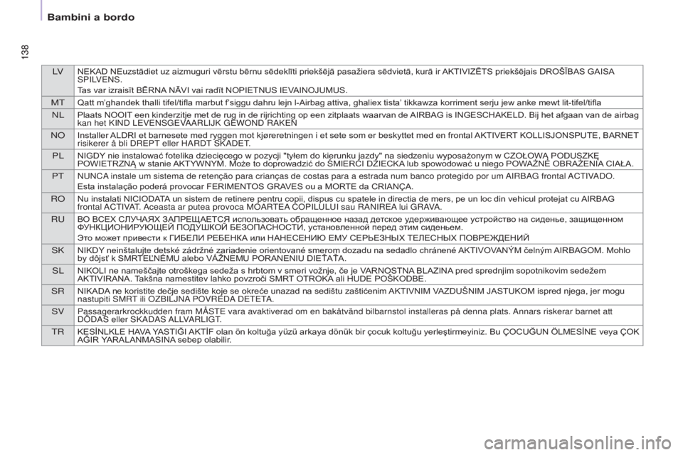 CITROEN BERLINGO MULTISPACE 2017 Libretti Di Uso E manutenzione (in Italian) LVNEKAD NEuzstādiet uz aizmuguri vērstu bērnu sēdeklīti priekšējā pasažiera sēdvietā, kurā ir AKTIVIZĒTS priekšējais DROŠĪBAS GAISA
SPILVENS.
Tas var izraisīt BĒRNA NĀVI vai radī CITROEN BERLINGO MULTISPACE 2017 Libretti Di Uso E manutenzione (in Italian) LVNEKAD NEuzstādiet uz aizmuguri vērstu bērnu sēdeklīti priekšējā pasažiera sēdvietā, kurā ir AKTIVIZĒTS priekšējais DROŠĪBAS GAISA
SPILVENS.
Tas var izraisīt BĒRNA NĀVI vai radī