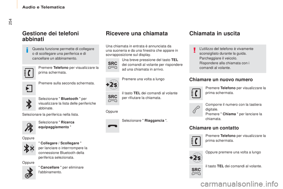 CITROEN BERLINGO MULTISPACE 2017  Libretti Di Uso E manutenzione (in Italian) Audio e Telematica
254
Berlingo2VP_it_Chap10a_SMEGplus_ed02-2016
Gestione dei telefoni 
abbinati
Questa funzione permette di collegare 
o di scollegare una periferica e di 
cancellare un abbinamento.L