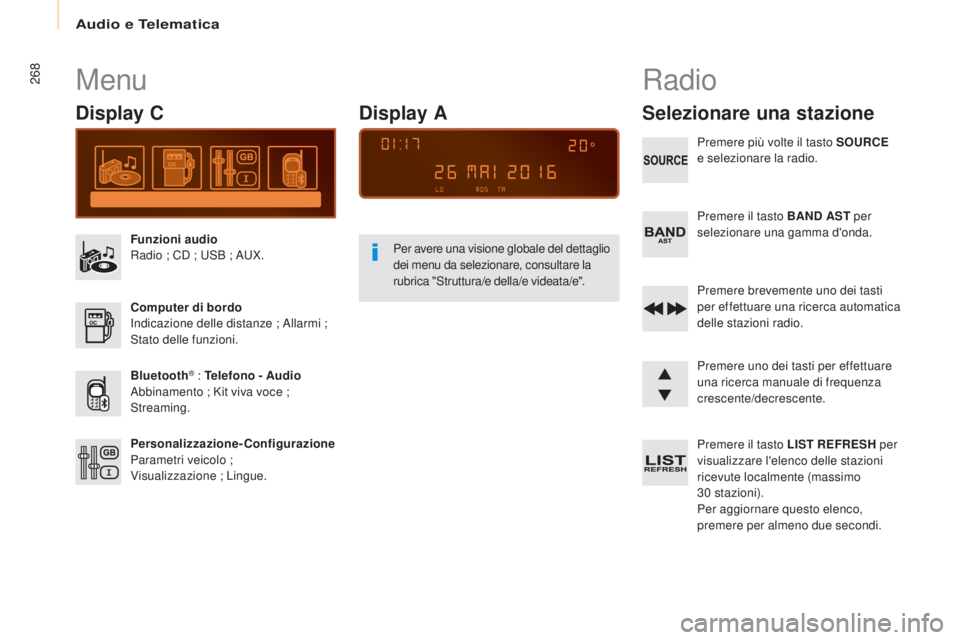 CITROEN BERLINGO MULTISPACE 2017  Libretti Di Uso E manutenzione (in Italian) 268
Berlingo2VP_it_Chap10b_RD45_ed02-2016
Menu
Display C
Funzioni audio
Radio ; CD ; USB ; AUX.
Computer di bordo
Indicazione delle distanze ; Allarmi ; 
Stato delle funzioni.
Bluetooth
® : Telefono 