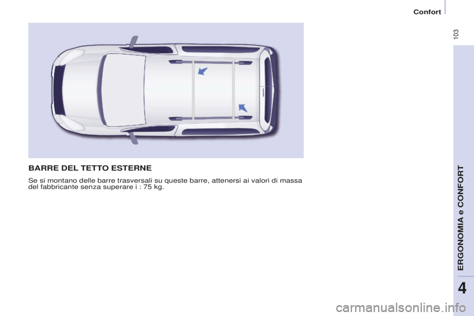 CITROEN BERLINGO MULTISPACE 2016  Libretti Di Uso E manutenzione (in Italian)  103
Berlingo-2-VP_it_Chap04_Ergonomie_ed01-2016
Confort
BARRE DEL TETTO ESTERNE
se si montano delle barre trasversali su queste barre, attenersi ai valor\
i di massa 
del fabbricante senza superare i