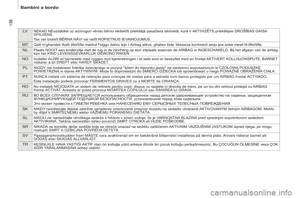 CITROEN BERLINGO MULTISPACE 2016 Libretti Di Uso E manutenzione (in Italian) LVNEKAD NEuzstādiet uz aizmuguri vērstu bērnu sēdeklīti priekšējā pasažiera sēdvietā, kurā ir AKTIVIZĒTS priekšējais DROŠĪBAS GAISA sPiLVENs.
T
as var izraisīt BĒRNA NĀVI vai radī CITROEN BERLINGO MULTISPACE 2016 Libretti Di Uso E manutenzione (in Italian) LVNEKAD NEuzstādiet uz aizmuguri vērstu bērnu sēdeklīti priekšējā pasažiera sēdvietā, kurā ir AKTIVIZĒTS priekšējais DROŠĪBAS GAISA sPiLVENs.
T
as var izraisīt BĒRNA NĀVI vai radī