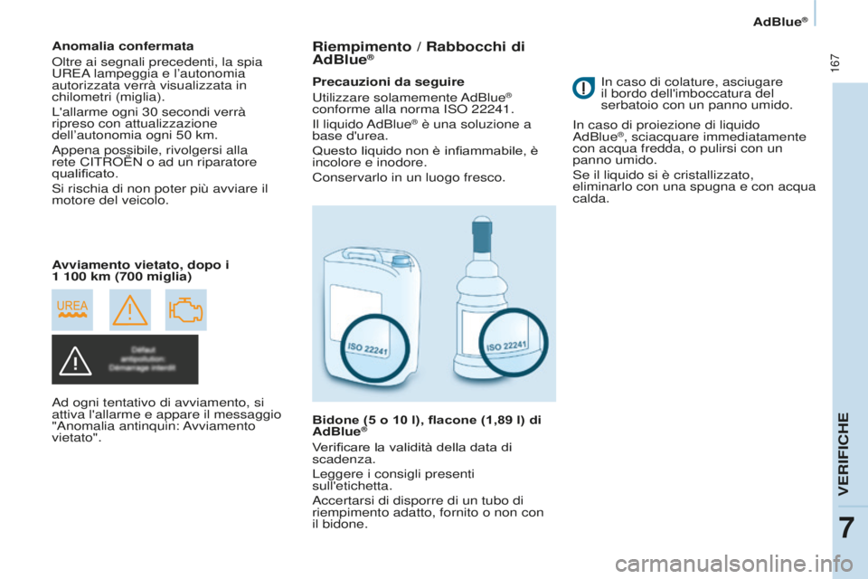 CITROEN BERLINGO MULTISPACE 2016  Libretti Di Uso E manutenzione (in Italian)  167
Berlingo-2-VP_it_Chap07_Verification_ed01-2016
AdBlue®
Anomalia confermata
oltre ai segnali precedenti, la spia uREa lampeggia e l’autonomia 
autorizzata verrà visualizzata in 
chilometri (mi