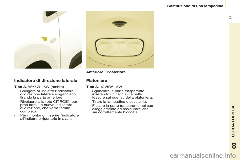 CITROEN BERLINGO MULTISPACE 2016 Libretti Di Uso E manutenzione (in Italian) 183
Berlingo-2-VP_it_Chap08_aide-rapide_ed01-2016
Sostituzione di una lampadina
Indicatore di direzione laterale
Tipo A, WY5W - 5W (ambra)
-
s
pingere all'indietro l'indicatore
di direzione CITROEN BERLINGO MULTISPACE 2016 Libretti Di Uso E manutenzione (in Italian) 183
Berlingo-2-VP_it_Chap08_aide-rapide_ed01-2016
Sostituzione di una lampadina
Indicatore di direzione laterale
Tipo A, WY5W - 5W (ambra)
-
s
pingere all'indietro l'indicatore
di direzione