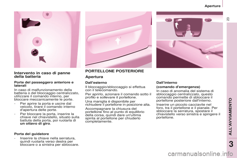 CITROEN BERLINGO MULTISPACE 2016 Libretti Di Uso E manutenzione (in Italian) 23
Aperture
Berlingo-2-VP_it_Chap03_Pret-a-partir_ed01-2016
Intervento in caso di panne
della batteria
Porte del passeggero anteriore e
laterali
in caso di malfunzionamento della
batteria o del blo CITROEN BERLINGO MULTISPACE 2016 Libretti Di Uso E manutenzione (in Italian) 23
Aperture
Berlingo-2-VP_it_Chap03_Pret-a-partir_ed01-2016
Intervento in caso di panne
della batteria
Porte del passeggero anteriore e
laterali
in caso di malfunzionamento della
batteria o del blo