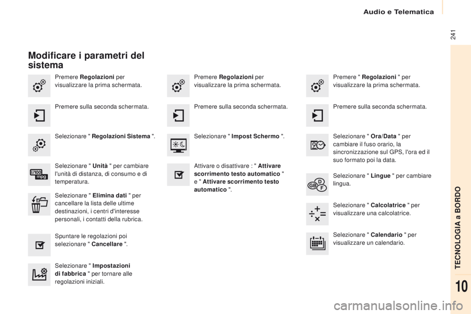 CITROEN BERLINGO MULTISPACE 2016 Libretti Di Uso E manutenzione (in Italian) Audio e Telematica
241
Berlingo-2-VP_it_Chap10a_sMEGplus_ed01-2016
Premere Regolazioni per
visualizzare la prima schermata. Premere " Regolazioni
" per
visualizzare la prima schermata.
Pr CITROEN BERLINGO MULTISPACE 2016 Libretti Di Uso E manutenzione (in Italian) Audio e Telematica
241
Berlingo-2-VP_it_Chap10a_sMEGplus_ed01-2016
Premere Regolazioni per
visualizzare la prima schermata. Premere " Regolazioni
" per
visualizzare la prima schermata.
Pr