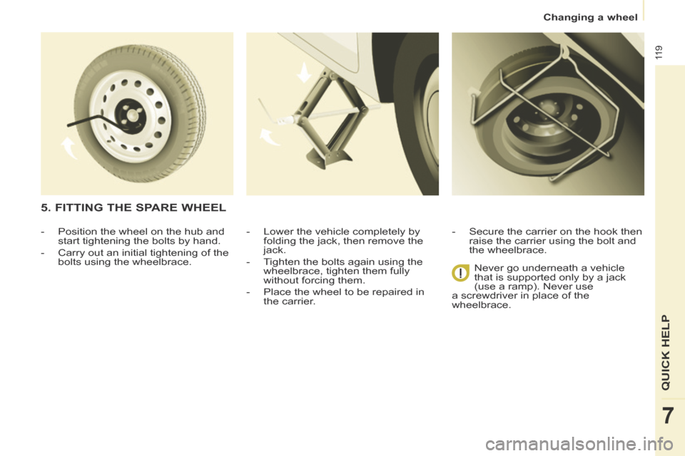 Citroen BERLINGO RHD 2014 2.G Owners Manual    Changing  a  wheel   
11 9
QUICK HELP
7
  -   Lower the vehicle completely by folding the jack, then remove the 
jack. 
  -   Tighten the bolts again using the  wheelbrace, tighten them fully 
with