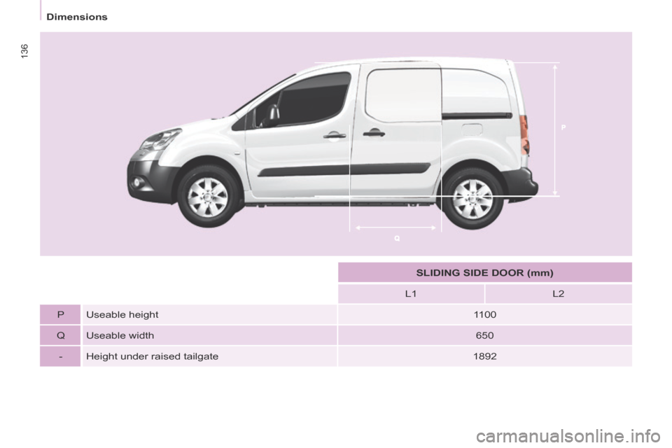 Citroen BERLINGO RHD 2014 2.G Owners Manual 136
   Dimensions   
       SLIDING SIDE DOOR (mm)   
  L1     L2  
  P     Useable  height     1100  
  Q     Useable  width     650  
  -     Height  under  raised  tailgate     1892   