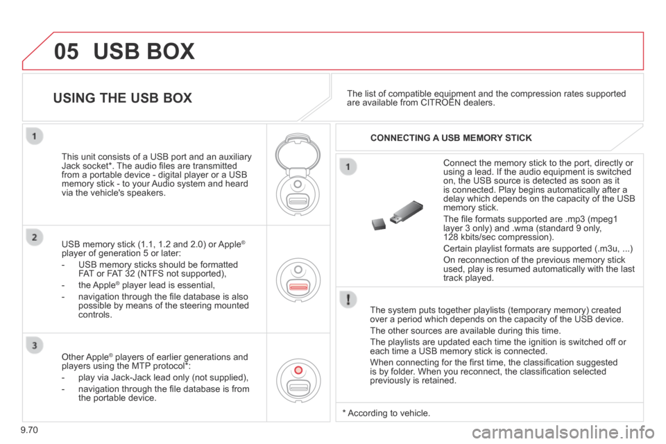 Citroen BERLINGO RHD 2014 2.G Owners Manual 9.70
05 USB BOX
The system puts together playlists (temporary memory) created over a period which depends on the capacity of the USB device.
The other sources are available during this time.
T Citroen BERLINGO RHD 2014 2.G Owners Manual 9.70
05 USB BOX
The system puts together playlists (temporary memory) created over a period which depends on the capacity of the USB device.
The other sources are available during this time.
T