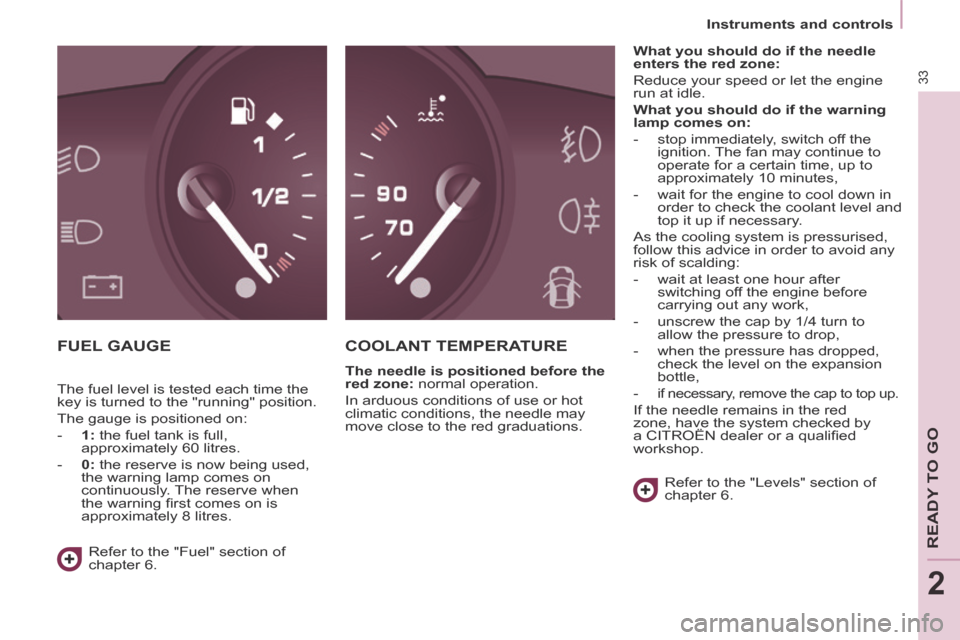 Citroen BERLINGO RHD 2014 2.G User Guide 2
   Instruments  and  controls   
33
READY TO GO
 FUEL  GAUGE  COOLANT  TEMPERATURE 
  The needle is positioned before the 
red zone:  normal operation. 
 In arduous conditions of use or hot 
climati