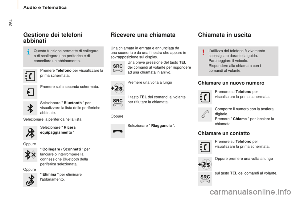 CITROEN BERLINGO MULTISPACE 2015  Libretti Di Uso E manutenzione (in Italian) 254
Berlingo-2-VP_it_Chap10a_sMEGplus_ed01-2015
Gestione dei telefoni 
abbinati
Questa funzione permette di collegare 
o di scollegare una periferica e di 
cancellare un abbinamento.L'utilizzo del