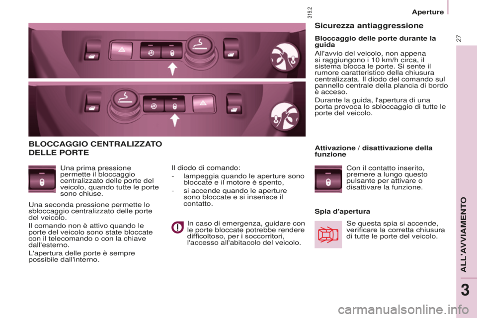 CITROEN BERLINGO MULTISPACE 2015  Libretti Di Uso E manutenzione (in Italian) 27
Berlingo-2-VP_it_Chap03_Pret-a-partir_ed01-2015
BLOCCAGGIO CENTRALIZZATO 
DELLE
  PORTE
una prima pressione 
permette il bloccaggio 
centralizzato delle porte del 
veicolo, quando tutte le porte 
s