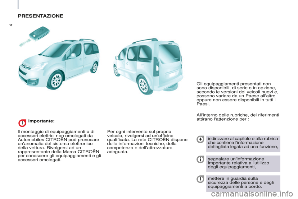 CITROEN BERLINGO MULTISPACE 2015  Libretti Di Uso E manutenzione (in Italian) 4
Berlingo-2-VP_it_Chap01_vue-ensemble_ed01-2015
PRESENTAZIONE
all'interno delle rubriche, dei riferimenti 
attirano l'attenzione per : 
indirizzare al capitolo e alla rubrica
 
che contiene l