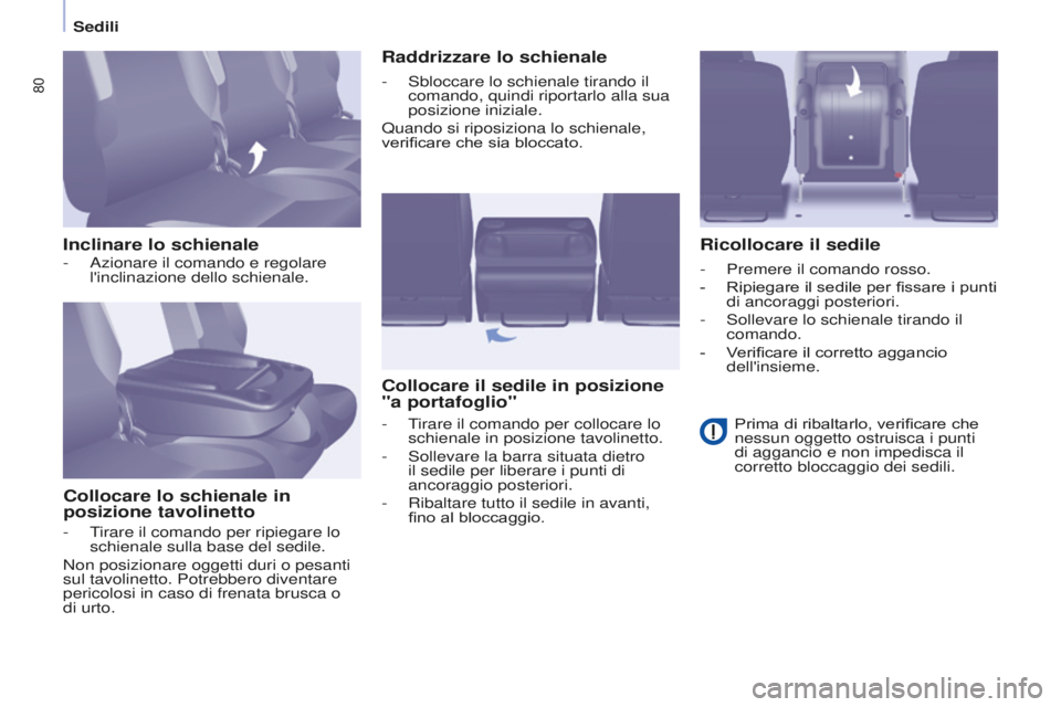 CITROEN BERLINGO MULTISPACE 2015 Libretti Di Uso E manutenzione (in Italian) 80
Berlingo-2-VP_it_Chap04_Ergonomie_ed01-2015Berlingo-2-VP_it_Chap04_Ergonomie_ed01-2015
Inclinare lo schienaleCollocare lo schienale in
posizione tavolinetto Raddrizzare lo schienale
Collocare il s CITROEN BERLINGO MULTISPACE 2015 Libretti Di Uso E manutenzione (in Italian) 80
Berlingo-2-VP_it_Chap04_Ergonomie_ed01-2015Berlingo-2-VP_it_Chap04_Ergonomie_ed01-2015
Inclinare lo schienaleCollocare lo schienale in
posizione tavolinetto Raddrizzare lo schienale
Collocare il s