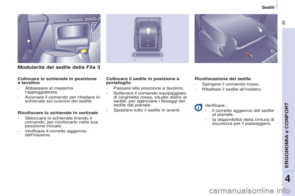 CITROEN BERLINGO MULTISPACE 2015 Libretti Di Uso E manutenzione (in Italian) 85
Berlingo-2-VP_it_Chap04_Ergonomie_ed01-2015Berlingo-2-VP_it_Chap04_Ergonomie_ed01-2015
Modularità del sedile della Fila 3
Collocare lo schienale in posizione
a tavolino
- a bbassare al massimo CITROEN BERLINGO MULTISPACE 2015 Libretti Di Uso E manutenzione (in Italian) 85
Berlingo-2-VP_it_Chap04_Ergonomie_ed01-2015Berlingo-2-VP_it_Chap04_Ergonomie_ed01-2015
Modularità del sedile della Fila 3
Collocare lo schienale in posizione
a tavolino
- a bbassare al massimo