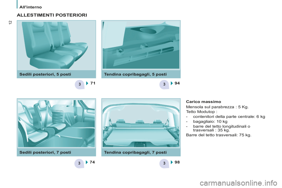 CITROEN BERLINGO MULTISPACE 2014 Libretti Di Uso E manutenzione (in Italian) 3
3
3
3
71
74 94
98
12
Allinterno
Berlingo_2_VP_papier_it_Chap01_Prise en Main_ed01-2014
Tendina copribagagli, 5 posti
Sedili posteriori, 5 posti
ALLESTIMENTI POSTERIORI
Car CITROEN BERLINGO MULTISPACE 2014 Libretti Di Uso E manutenzione (in Italian) 3
3
3
3
71
74 94
98
12
Allinterno
Berlingo_2_VP_papier_it_Chap01_Prise en Main_ed01-2014
Tendina copribagagli, 5 posti
Sedili posteriori, 5 posti
ALLESTIMENTI POSTERIORI
Car