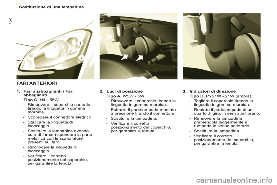 CITROEN BERLINGO MULTISPACE 2014 Libretti Di Uso E manutenzione (in Italian) Sostituzione di una lampadina
Berlingo_2_VP_papier_it_Chap07_Aide rapide_ed01-2014
152
3. Indicatori di direzione
Tipo B , PY21W - 21W (ambra)
- Togliere il coperchio t CITROEN BERLINGO MULTISPACE 2014 Libretti Di Uso E manutenzione (in Italian) Sostituzione di una lampadina
Berlingo_2_VP_papier_it_Chap07_Aide rapide_ed01-2014
152
3. Indicatori di direzione
Tipo B , PY21W - 21W (ambra)
- Togliere il coperchio t