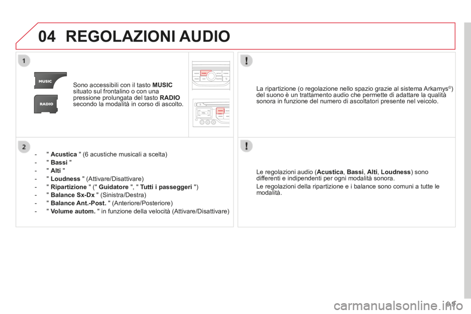 CITROEN BERLINGO MULTISPACE 2014 Libretti Di Uso E manutenzione (in Italian) 9.9
04
Berlingo_2_VP_papier_it_Chap09b_RT6-2-7_ed01-2014
REGOLAZIONI AUDIO
Sono accessibili con il tasto MUSICsituato sul frontalino o con una pressione prolungata del tasto RADIOsecondo la mo CITROEN BERLINGO MULTISPACE 2014 Libretti Di Uso E manutenzione (in Italian) 9.9
04
Berlingo_2_VP_papier_it_Chap09b_RT6-2-7_ed01-2014
REGOLAZIONI AUDIO
Sono accessibili con il tasto MUSICsituato sul frontalino o con una pressione prolungata del tasto RADIOsecondo la mo