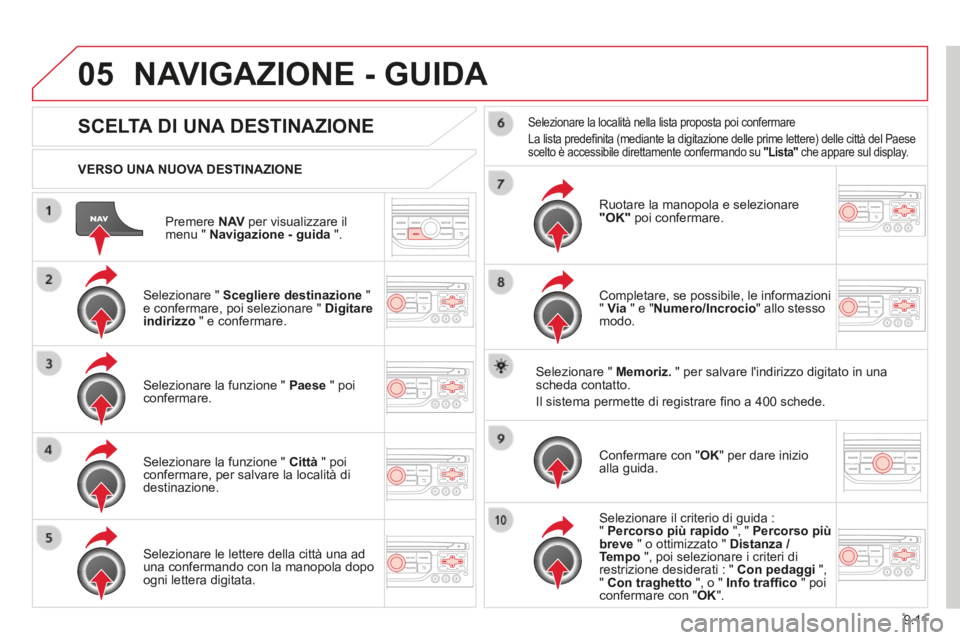 CITROEN BERLINGO MULTISPACE 2014  Libretti Di Uso E manutenzione (in Italian) 9.11
05
Berlingo_2_VP_papier_it_Chap09b_RT6-2-7_ed01-2014
  Premere   N AV  per visualizzare il menu "  Navigazione - guida   ".  
  VERSO  UNA  NUOVA  DESTINAZIONE  
 NAVIGAZIONE - GUIDA 
SCELTA DI U