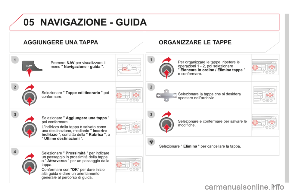 CITROEN BERLINGO MULTISPACE 2014 Libretti Di Uso E manutenzione (in Italian) 9.17
05
Berlingo_2_VP_papier_it_Chap09b_RT6-2-7_ed01-2014
NAVIGAZIONE - GUIDA
AGGIUNGERE UNA TAPPA
Premere N AV per visualizzare il menu " Navigazione - guida ".
Selezionare " Ta CITROEN BERLINGO MULTISPACE 2014 Libretti Di Uso E manutenzione (in Italian) 9.17
05
Berlingo_2_VP_papier_it_Chap09b_RT6-2-7_ed01-2014
NAVIGAZIONE - GUIDA
AGGIUNGERE UNA TAPPA
Premere N AV per visualizzare il menu " Navigazione - guida ".
Selezionare " Ta