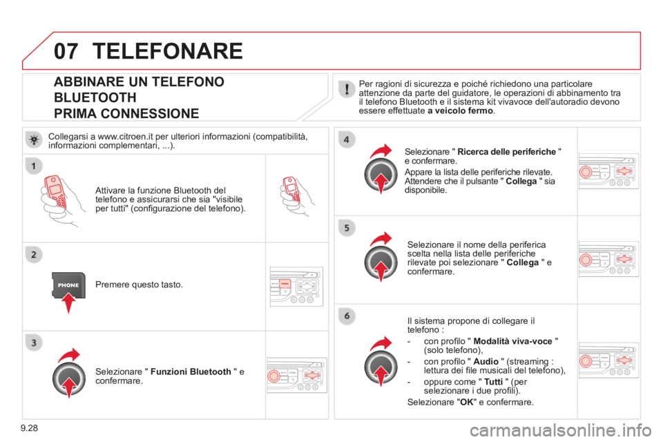 CITROEN BERLINGO MULTISPACE 2014  Libretti Di Uso E manutenzione (in Italian) 9.28
07
Berlingo_2_VP_papier_it_Chap09b_RT6-2-7_ed01-2014
ABBINARE UN TELEFONO 
BLUETOOTH  
PRIMA CONNESSIONE 
  Per ragioni di sicurezza e poiché richiedono una particolare attenzione da parte del g