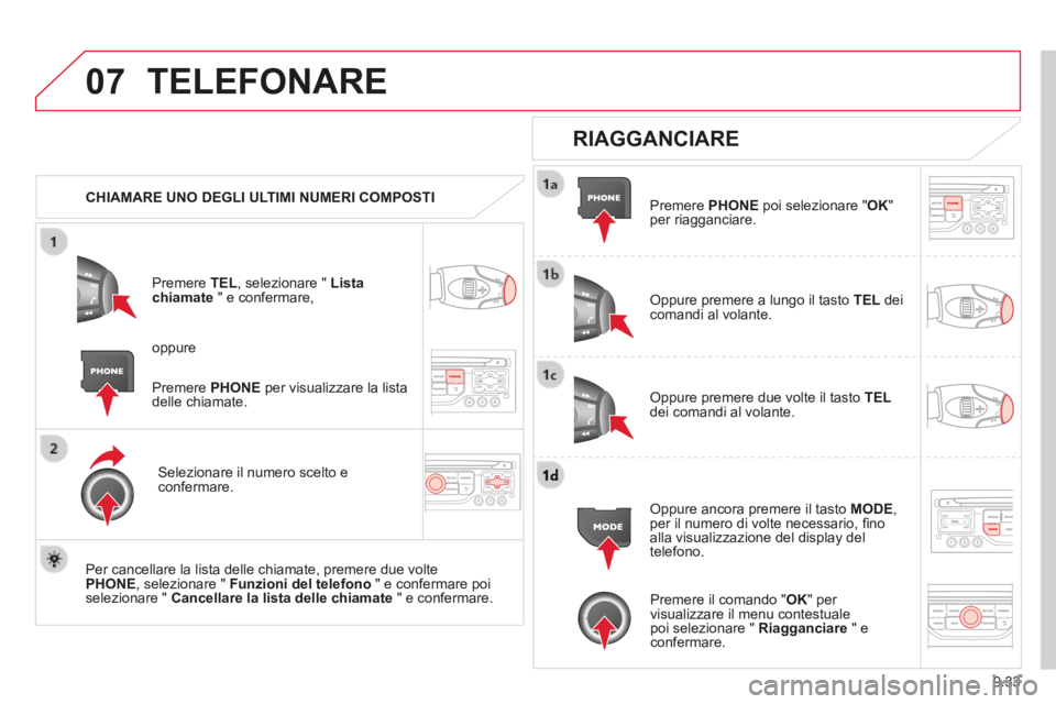 CITROEN BERLINGO MULTISPACE 2014  Libretti Di Uso E manutenzione (in Italian) 9.33
07
Berlingo_2_VP_papier_it_Chap09b_RT6-2-7_ed01-2014
 TELEFONARE 
   CHIAMARE UNO DEGLI ULTIMI NUMERI COMPOSTI  
  Premere   TEL , selezionare "  Lista chiamate  " e confermare, 
  Selezionare il