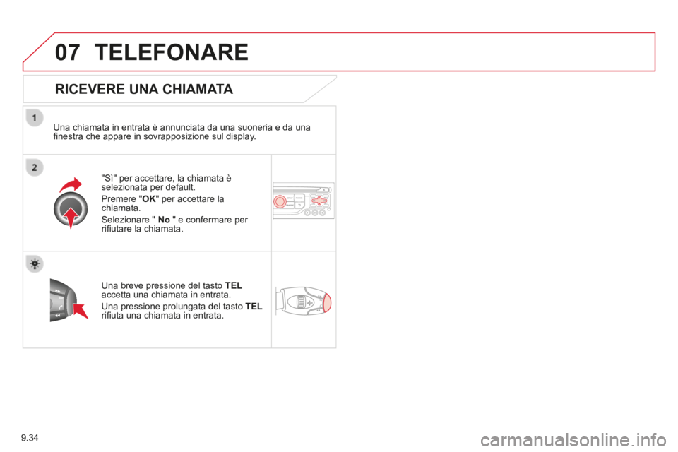 CITROEN BERLINGO MULTISPACE 2014  Libretti Di Uso E manutenzione (in Italian) 9.34
07
Berlingo_2_VP_papier_it_Chap09b_RT6-2-7_ed01-2014
 TELEFONARE 
  RICEVERE  UNA  CHIAMATA 
  Una chiamata in entrata è annunciata da una suoneria e da una ﬁ nestra che appare in sovrapposizi