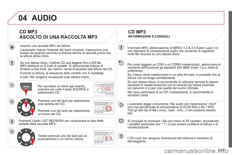 CITROEN BERLINGO MULTISPACE 2014 Libretti Di Uso E manutenzione (in Italian) 9.69
04
Berlingo_2_VP_papier_it_Chap09c_RD45_ed01_2014
Il formato MP3, abbreviazione di MPEG 1,2 & 2.5 Audio Layer 3 è uno standard di compressione audio che consente di registrare molti fi le mus CITROEN BERLINGO MULTISPACE 2014 Libretti Di Uso E manutenzione (in Italian) 9.69
04
Berlingo_2_VP_papier_it_Chap09c_RD45_ed01_2014
Il formato MP3, abbreviazione di MPEG 1,2 & 2.5 Audio Layer 3 è uno standard di compressione audio che consente di registrare molti fi le mus