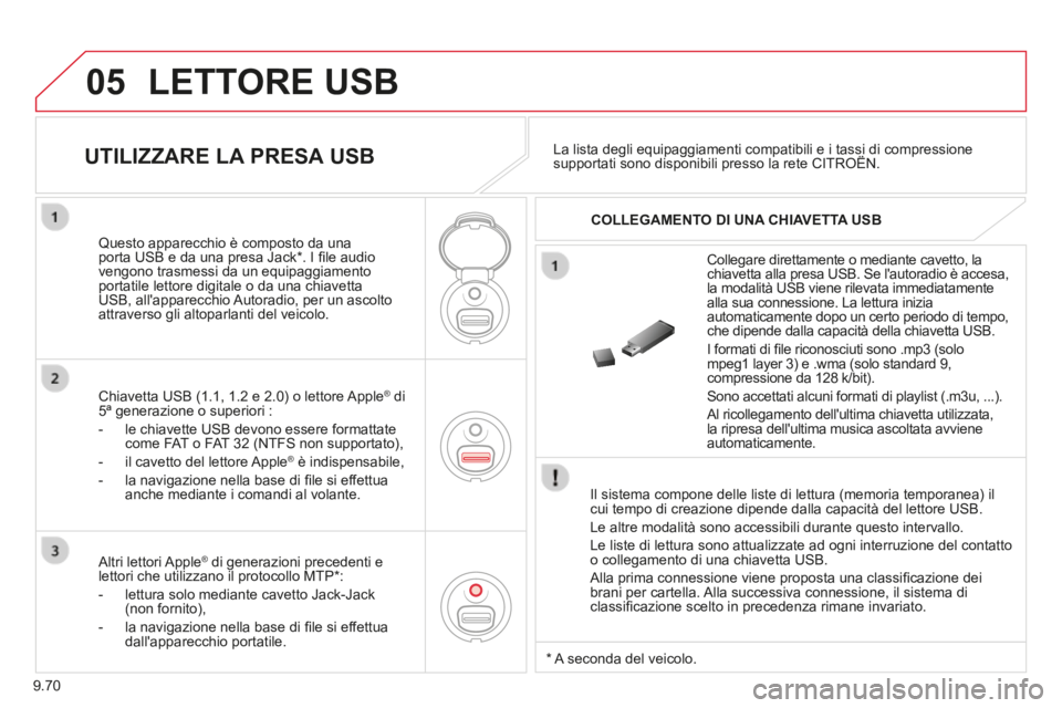 CITROEN BERLINGO MULTISPACE 2014 Libretti Di Uso E manutenzione (in Italian) 9.70
05
Berlingo_2_VP_papier_it_Chap09c_RD45_ed01_2014
LETTORE USB
Il sistema compone delle liste di lettura (memoria temporanea) il cui tempo di creazione dipende dalla capacità del lettore USB CITROEN BERLINGO MULTISPACE 2014 Libretti Di Uso E manutenzione (in Italian) 9.70
05
Berlingo_2_VP_papier_it_Chap09c_RD45_ed01_2014
LETTORE USB
Il sistema compone delle liste di lettura (memoria temporanea) il cui tempo di creazione dipende dalla capacità del lettore USB