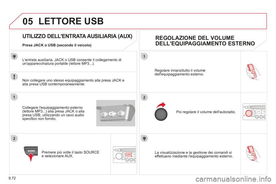 CITROEN BERLINGO MULTISPACE 2014  Libretti Di Uso E manutenzione (in Italian) 9.72
05
Berlingo_2_VP_papier_it_Chap09c_RD45_ed01_2014
 La visualizzazione e la gestione dei comandi si effettuano mediante lequipaggiamento esterno.  
 Regolare innanzitutto il volume dellequipaggi