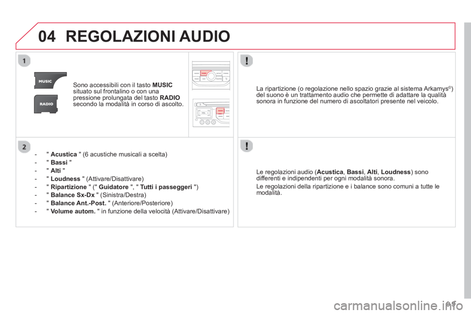 CITROEN BERLINGO MULTISPACE 2013 Libretti Di Uso E manutenzione (in Italian) 9.9
04REGOLAZIONI AUDIO
Sono accessibili con il tasto MUSICsituato sul frontalino o con unapressione prolungata del tasto RADIOsecondo la modalità in corso di ascolto.
- "
Acustica
" (6 acusti CITROEN BERLINGO MULTISPACE 2013 Libretti Di Uso E manutenzione (in Italian) 9.9
04REGOLAZIONI AUDIO
Sono accessibili con il tasto MUSICsituato sul frontalino o con unapressione prolungata del tasto RADIOsecondo la modalità in corso di ascolto.
- "
Acustica
" (6 acusti
