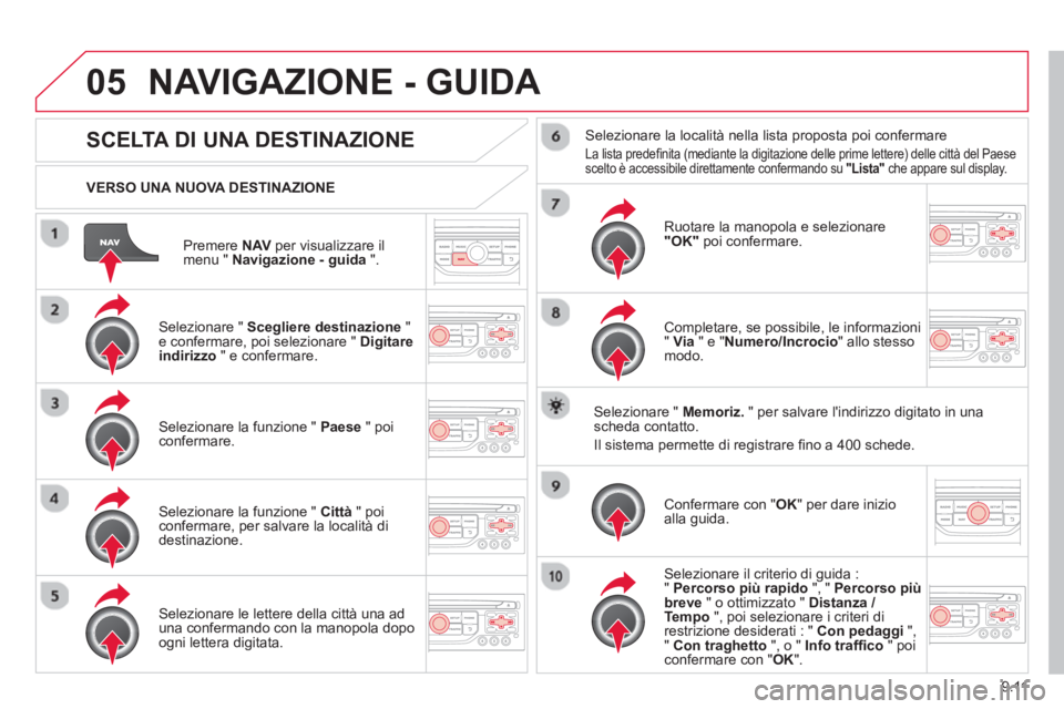 CITROEN BERLINGO MULTISPACE 2013 Libretti Di Uso E manutenzione (in Italian) 9.11
05
Premere NAV per visualizzare il
menu " Navigazione - guida".
VERSO UNA NUOVA DESTINAZIONE
NAVIGAZIONE - GUIDA
SCELTA DI UNA DESTINAZIONE
Selezionare " Scegliere d CITROEN BERLINGO MULTISPACE 2013 Libretti Di Uso E manutenzione (in Italian) 9.11
05
Premere NAV per visualizzare il
menu " Navigazione - guida".
VERSO UNA NUOVA DESTINAZIONE
NAVIGAZIONE - GUIDA
SCELTA DI UNA DESTINAZIONE
Selezionare " Scegliere d