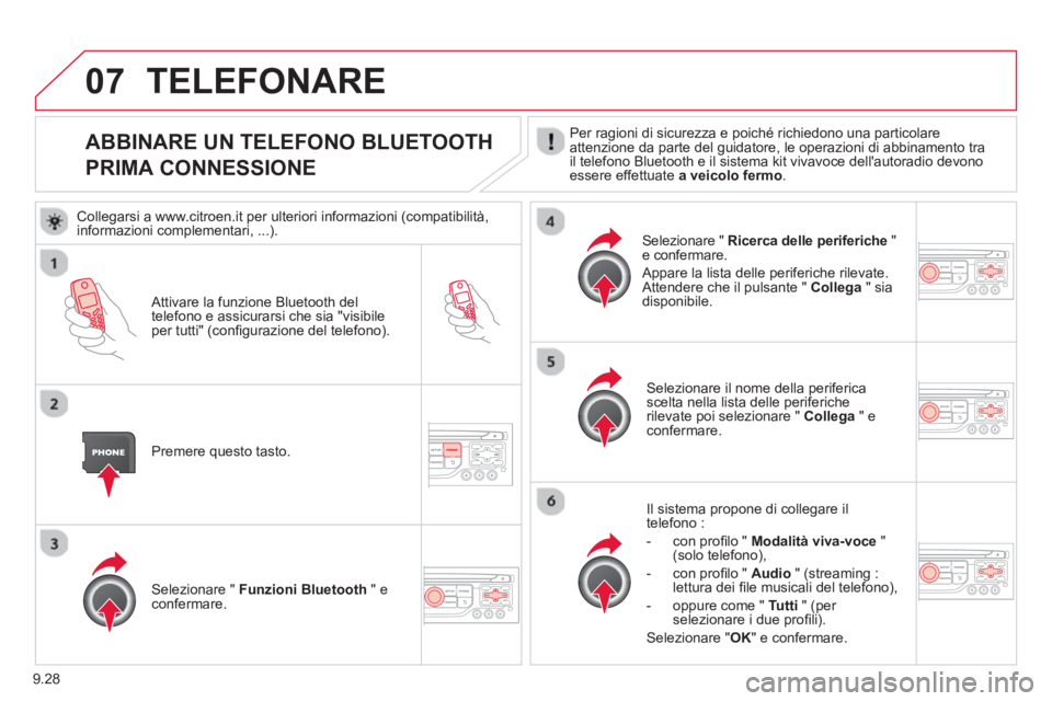CITROEN BERLINGO MULTISPACE 2013 Libretti Di Uso E manutenzione (in Italian) 9.28
07
ABBINARE UN TELEFONO BLUETOOTH
PRIMA CONNESSIONE Per ragioni di sicurezza e poiché richiedono una particolare
attenzione da parte del guidatore, le operazioni di abb CITROEN BERLINGO MULTISPACE 2013 Libretti Di Uso E manutenzione (in Italian) 9.28
07
ABBINARE UN TELEFONO BLUETOOTH
PRIMA CONNESSIONE Per ragioni di sicurezza e poiché richiedono una particolare
attenzione da parte del guidatore, le operazioni di abb