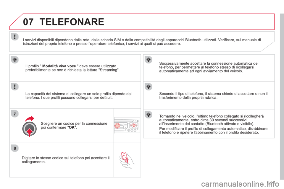 CITROEN BERLINGO MULTISPACE 2013 Libretti Di Uso E manutenzione (in Italian) 9.29
07
Digitare lo stesso codice sul telefono poi accettare ilcollegamento.
Successivamente accettare la connessione automatica del
telefono, per permettere al telefono stesso di ricollegar CITROEN BERLINGO MULTISPACE 2013 Libretti Di Uso E manutenzione (in Italian) 9.29
07
Digitare lo stesso codice sul telefono poi accettare ilcollegamento.
Successivamente accettare la connessione automatica del
telefono, per permettere al telefono stesso di ricollegar