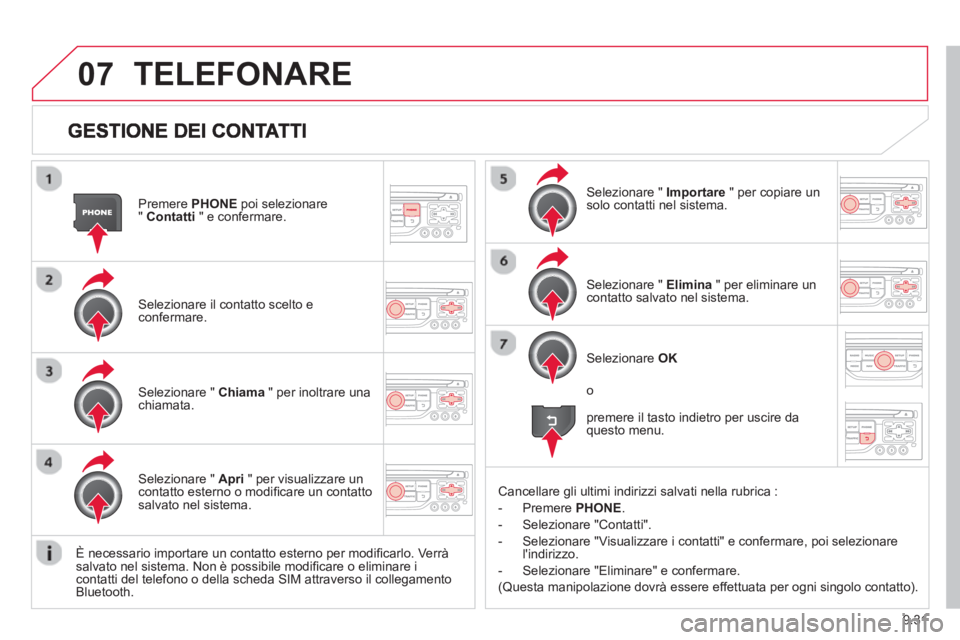 CITROEN BERLINGO MULTISPACE 2013 Libretti Di Uso E manutenzione (in Italian) 9.31
07
Premere PHONE
poi selezionare
" Contatti
" e confermare.
Selezionare il contatto scelto e confermare.
Selezionare " Importare
" per copiare un solo contatti nel sistema.
Selezionar CITROEN BERLINGO MULTISPACE 2013 Libretti Di Uso E manutenzione (in Italian) 9.31
07
Premere PHONE
poi selezionare
" Contatti
" e confermare.
Selezionare il contatto scelto e confermare.
Selezionare " Importare
" per copiare un solo contatti nel sistema.
Selezionar