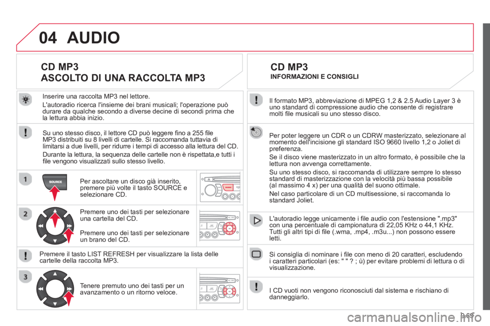 CITROEN BERLINGO MULTISPACE 2013  Libretti Di Uso E manutenzione (in Italian) 9.69
04
  Il formato MP3, abbreviazione di MPEG 1,2 & 2.5 Audio Layer 3 èuno standard di compressione audio che consente di registraremolti ﬁ le musicali su uno stesso disco.
  Per poter leggere un