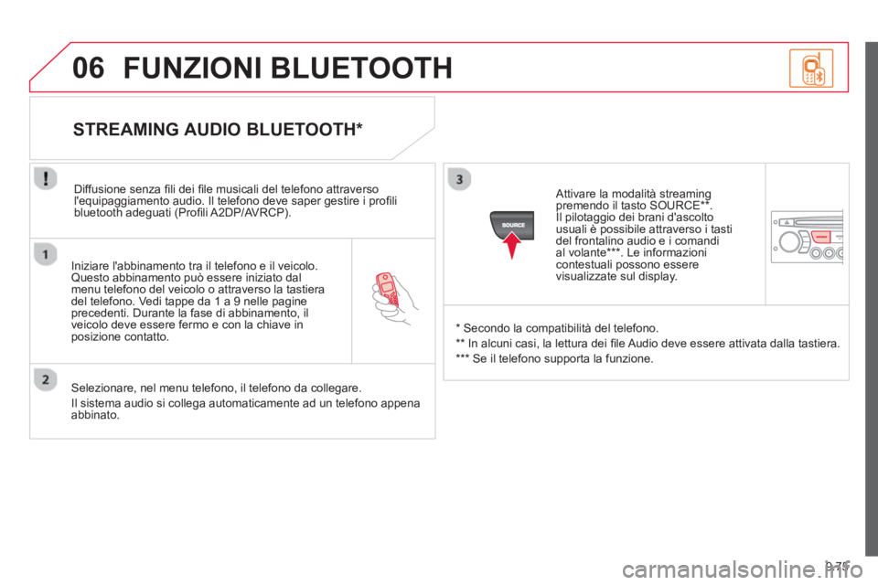 CITROEN BERLINGO MULTISPACE 2013 Libretti Di Uso E manutenzione (in Italian) 9.75
06
Iniziare labbinamento tra il telefono e il veicolo.Questo abbinamento può essere iniziato dal menu telefono del veicolo o attraverso la tastieradel telefono. Vedi tappe da 1 a 9 nelle pa CITROEN BERLINGO MULTISPACE 2013 Libretti Di Uso E manutenzione (in Italian) 9.75
06
Iniziare labbinamento tra il telefono e il veicolo.Questo abbinamento può essere iniziato dal menu telefono del veicolo o attraverso la tastieradel telefono. Vedi tappe da 1 a 9 nelle pa
