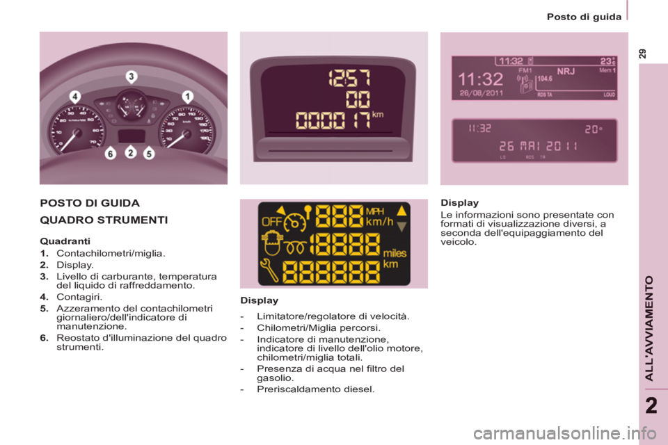 CITROEN BERLINGO MULTISPACE 2013 Libretti Di Uso E manutenzione (in Italian) ALLAVVIAMENTO
22
Posto di guida
QUADRO STRUMENTI
Display
POSTO DI GUIDA
Display
Le informazioni sono presentate con
formati di visualizzazione diversi, a
seconda de CITROEN BERLINGO MULTISPACE 2013 Libretti Di Uso E manutenzione (in Italian) ALLAVVIAMENTO
22
Posto di guida
QUADRO STRUMENTI
Display
POSTO DI GUIDA
Display
Le informazioni sono presentate con
formati di visualizzazione diversi, a
seconda de
