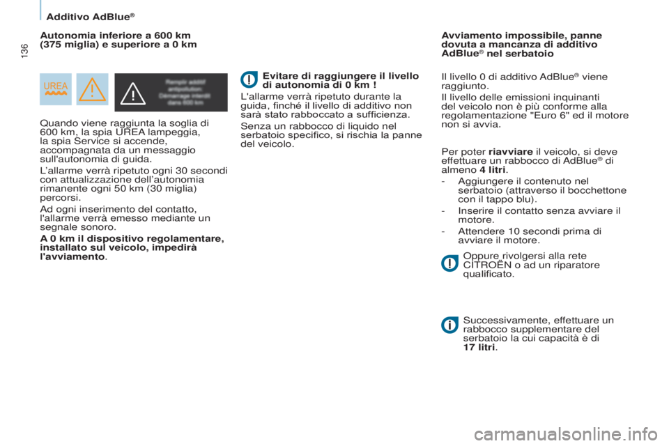 CITROEN BERLINGO ELECTRIC 2017  Libretti Di Uso E manutenzione (in Italian) 136
Berlingo-2-VU_it_Chap07_Verification_ed01-2015Berlingo-2-VU_it_Chap07_Verification_ed01-2015
Quando viene raggiunta la soglia di 
600  km, la spia  u RE a lampeggia, 
la spia 
s ervice si accende,