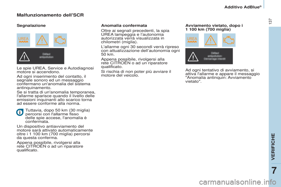 CITROEN BERLINGO ELECTRIC 2017  Libretti Di Uso E manutenzione (in Italian) 137
Berlingo-2-VU_it_Chap07_Verification_ed01-2015Berlingo-2-VU_it_Chap07_Verification_ed01-2015
Malfunzionamento dell'SCR
Le spie uREa, service e autodiagnosi 
motore si accendono.
a

d ogni inse