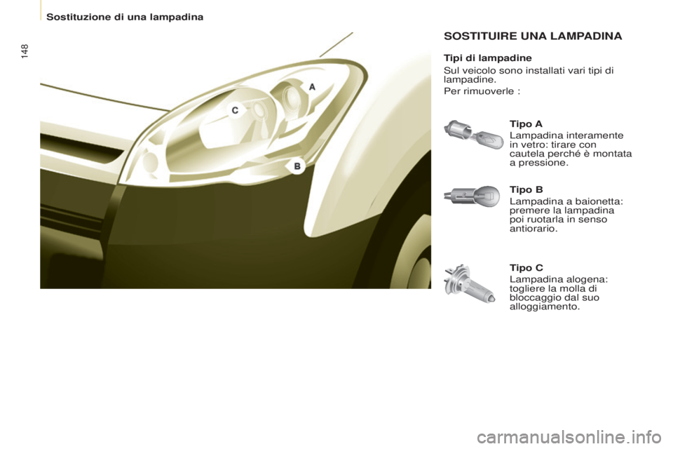 CITROEN BERLINGO ELECTRIC 2017 Libretti Di Uso E manutenzione (in Italian) 148
Berlingo-2-Vu_it_Chap08_aide rapide_ed01-2015Berlingo-2-Vu_it_Chap08_aide rapide_ed01-2015
SOSTITUIRE UNA LAMPADINA
Tipo B
Lampadina a baionetta:
premere la lampadina
poi ruotarla in senso
anti CITROEN BERLINGO ELECTRIC 2017 Libretti Di Uso E manutenzione (in Italian) 148
Berlingo-2-Vu_it_Chap08_aide rapide_ed01-2015Berlingo-2-Vu_it_Chap08_aide rapide_ed01-2015
SOSTITUIRE UNA LAMPADINA
Tipo B
Lampadina a baionetta:
premere la lampadina
poi ruotarla in senso
anti
