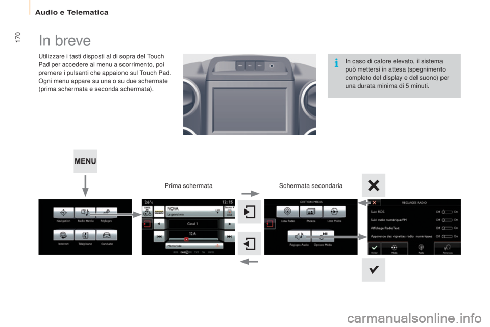 CITROEN BERLINGO ELECTRIC 2017  Libretti Di Uso E manutenzione (in Italian) 170
Berlingo-2-Vu_it_Chap10a_ sMEGplus_ed01-2015
in breve
utilizzare i tasti disposti al di sopra del Touch 
Pad per accedere ai menu a scorrimento, poi 
premere i pulsanti che appaiono sul Touch Pad.