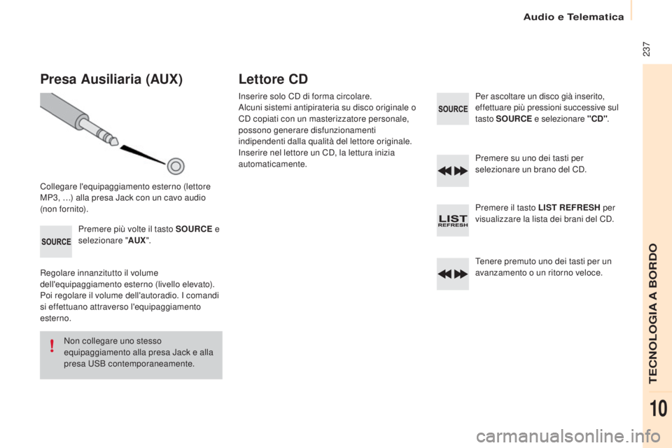 CITROEN BERLINGO ELECTRIC 2017 Libretti Di Uso E manutenzione (in Italian) 237
Berlingo-2-Vu_it_Chap10b_R d45_ed01-2015
Presa Ausiliaria (AUx)
Collegare l'equipaggiamento esterno (lettore
MP3, …) alla presa Jack con un cavo audio
(non fornito).
Premere più volte il CITROEN BERLINGO ELECTRIC 2017 Libretti Di Uso E manutenzione (in Italian) 237
Berlingo-2-Vu_it_Chap10b_R d45_ed01-2015
Presa Ausiliaria (AUx)
Collegare l'equipaggiamento esterno (lettore
MP3, …) alla presa Jack con un cavo audio
(non fornito).
Premere più volte il