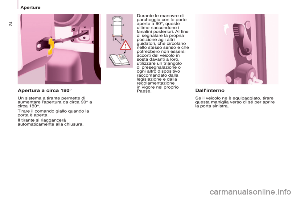 CITROEN BERLINGO ELECTRIC 2017  Libretti Di Uso E manutenzione (in Italian) 24
BERLINGO-2-VU_IT_CHAP03_PRET-A-PARTIR_ED01-2015
Dall'interno
se il veicolo ne è equipaggiato, tirare 
questa maniglia verso di sé per aprire 
la porta sinistra.
Apertura a circa 180°
un sist