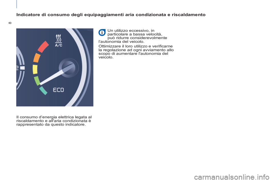 CITROEN BERLINGO ELECTRIC 2017  Libretti Di Uso E manutenzione (in Italian) 8
   
Indicatore di consumo degli equipaggiamenti aria condizionata e riscaldamento 
 
Il consumo d’energia elettrica legata al 
riscaldamento e allaria condizionata è 
rappresentato da questo ind