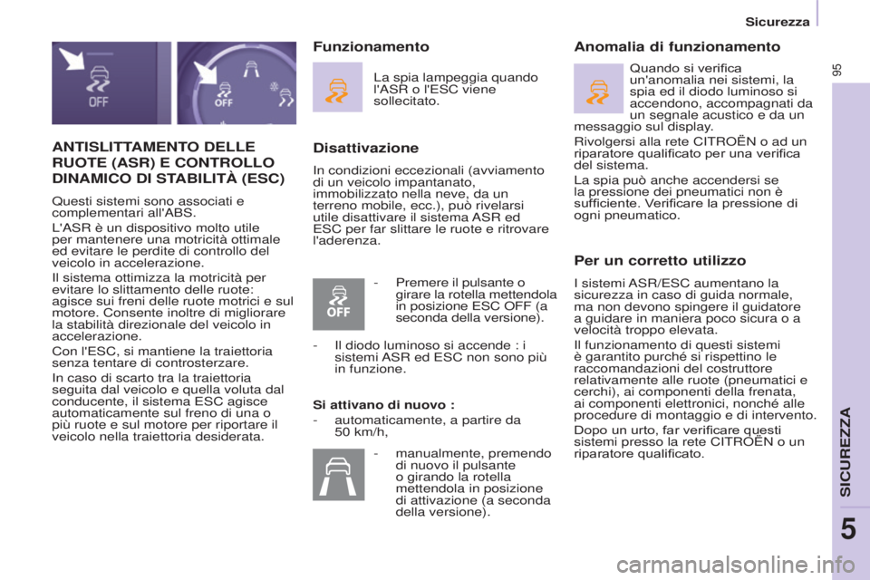 CITROEN BERLINGO ELECTRIC 2017 Libretti Di Uso E manutenzione (in Italian) 95
BERLINGO-2-VU_IT_CHAP05_SECURITE_ED01-2015
ANTISLITTAMENTO DELLE
RUOTE
(ASR) E CONTROLLO
DINAMICO
DI STABILIT à (ESC)
Questi sistemi sono associati e
complementari all'a B s .
L CITROEN BERLINGO ELECTRIC 2017 Libretti Di Uso E manutenzione (in Italian) 95
BERLINGO-2-VU_IT_CHAP05_SECURITE_ED01-2015
ANTISLITTAMENTO DELLE
RUOTE
(ASR) E CONTROLLO
DINAMICO
DI STABILIT à (ESC)
Questi sistemi sono associati e
complementari all'a B s .
L