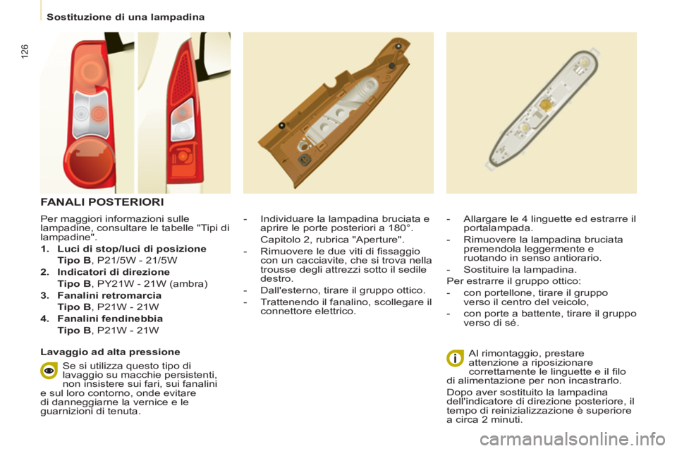 CITROEN BERLINGO ELECTRIC 2015  Libretti Di Uso E manutenzione (in Italian)    
 
Sostituzione di una lampadina  
 
126
 
 
Per maggiori informazioni sulle 
lampadine, consultare le tabelle "Tipi di 
lampadine". 
   
 
1. 
  Luci di stop/luci di posizione 
 
 
  Tipo B 
, P21