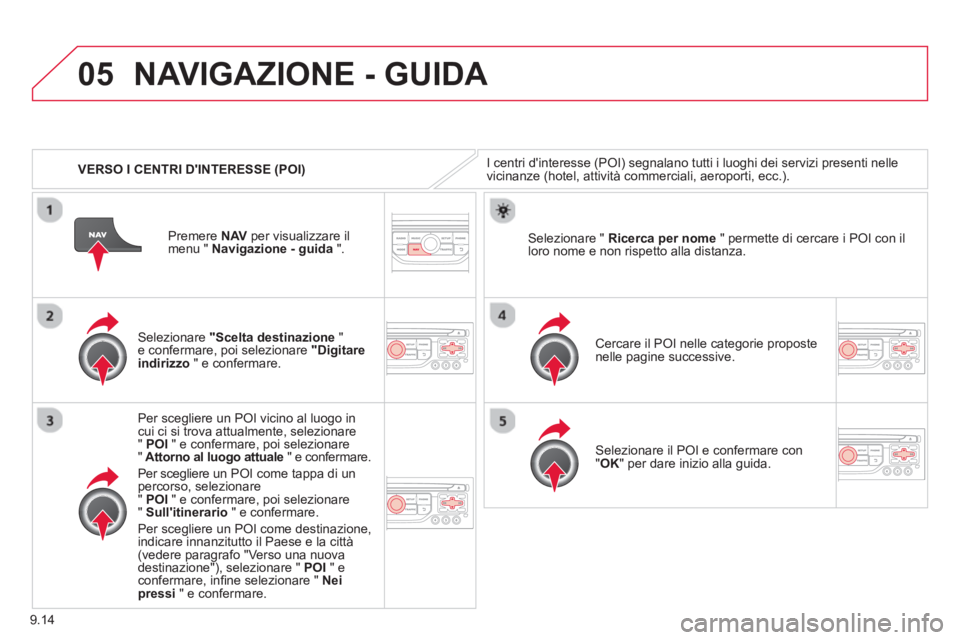 CITROEN BERLINGO ELECTRIC 2015  Libretti Di Uso E manutenzione (in Italian) 9.14
05
   
 VERSO I CENTRI DINTERESSE (POI)
NAVIGAZIONE - GUIDA 
I centri dinteresse (POI) segnalano tutti i luoghi dei servizi presenti nelle
vicinanze (hotel, attività commerciali, aeroporti, ec